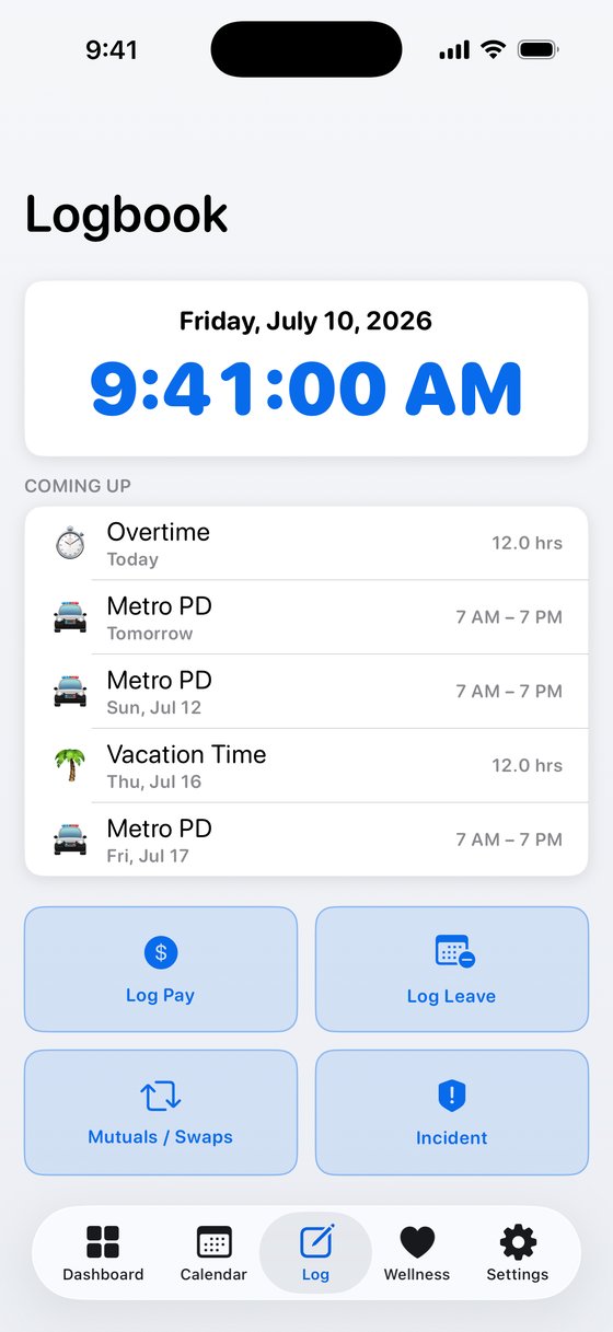 Sentinel logbook showing upcoming shifts and quick log actions