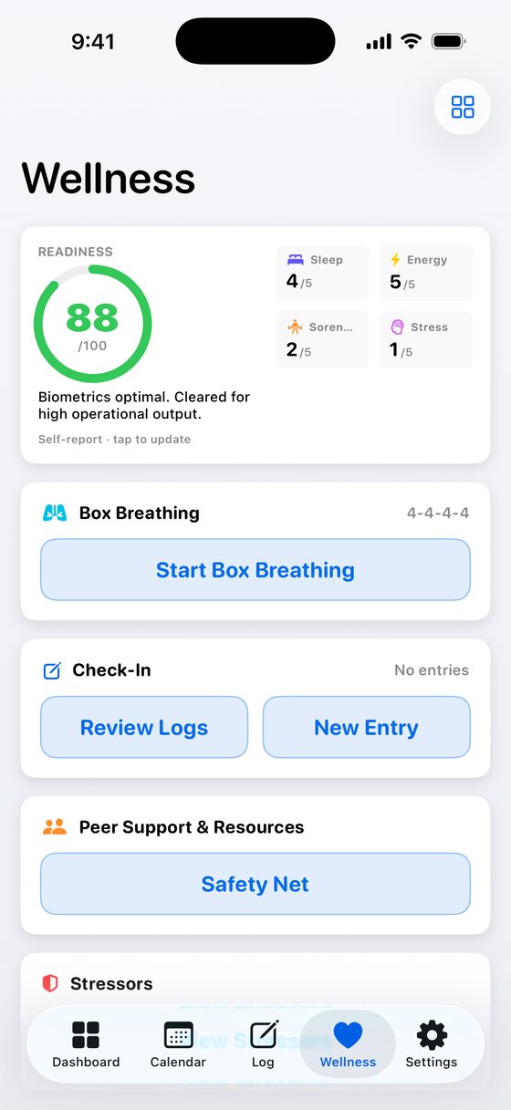 Sentinel wellness screen with readiness score, box breathing, and check-in